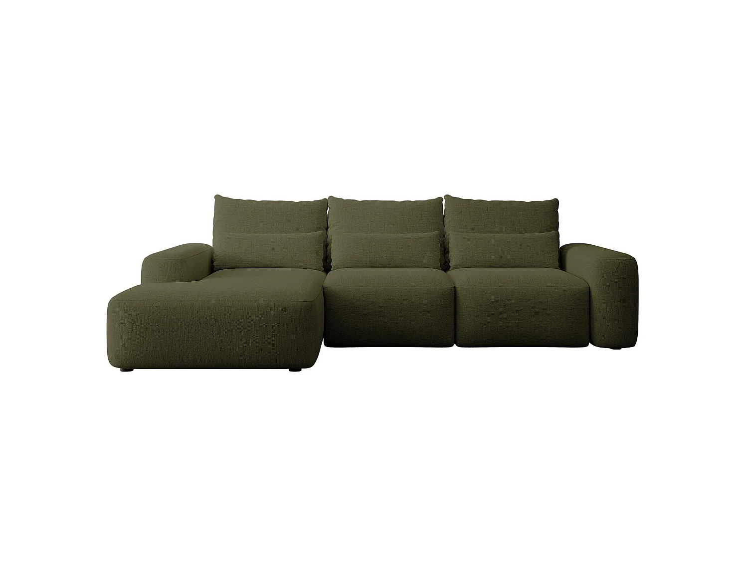 Canapé d’angle en chenille hydrofuge – convertible avec coffre de rangement – vert olive – angle gauche – CARNOS