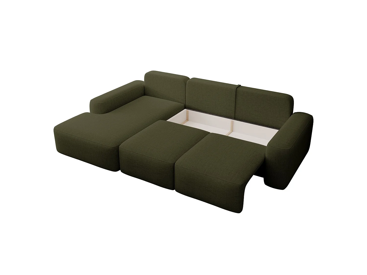 Canapé d’angle en chenille hydrofuge – convertible avec coffre de rangement – vert olive – angle gauche – CARNOS