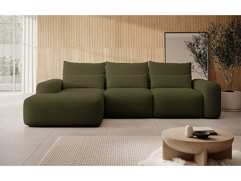 Canapé d’angle en chenille hydrofuge – convertible avec coffre de rangement – vert olive – angle gauche – CARNOS