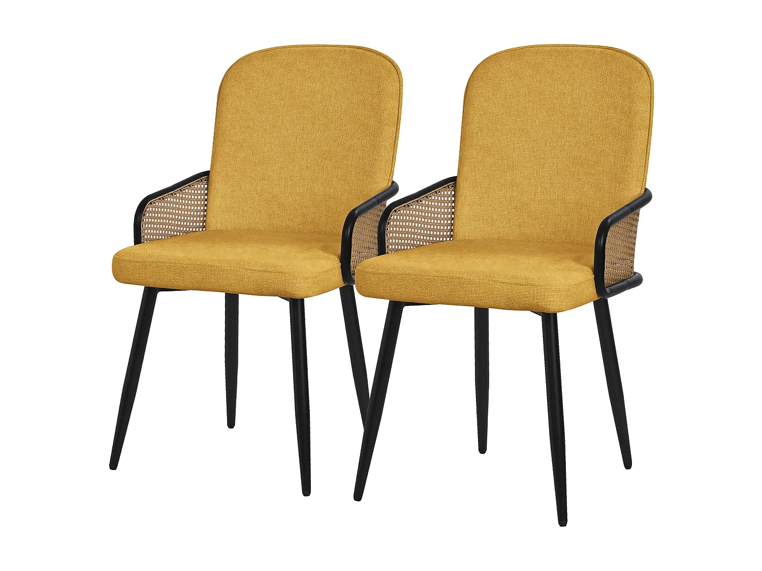 ML-Design 2x Sillas de comedor con funda de tela mostaza, asiento con respaldo, reposabrazos con aspecto de ratán sillón ergonómico de cocina