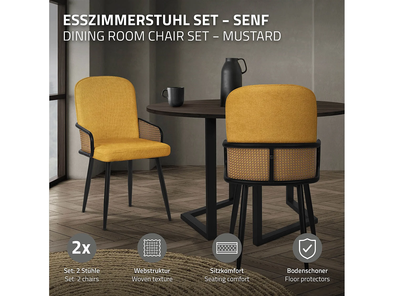 Lot de 2 chaises de salle à manger en tissu moutarde avec accoudoirs en rotin pieds en métal noir assise rembourrée confortable fauteuils ergonomiques