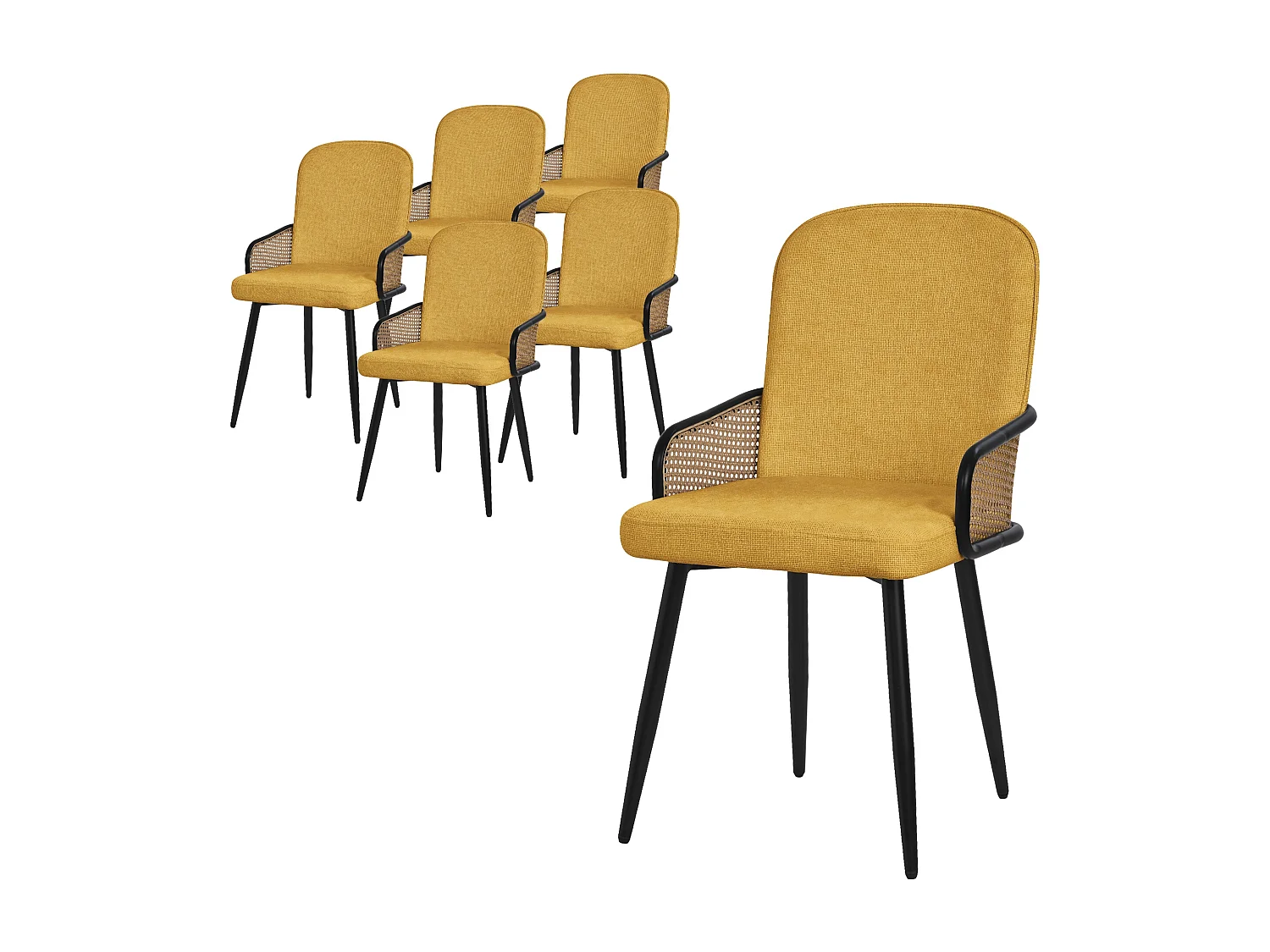 ML-Design Set di 6 sedie imbottite da pranzo senape, in tessuto, con braccioli effetto rattan, sedia da cucina, poltroncina ergonomica da soggiorno