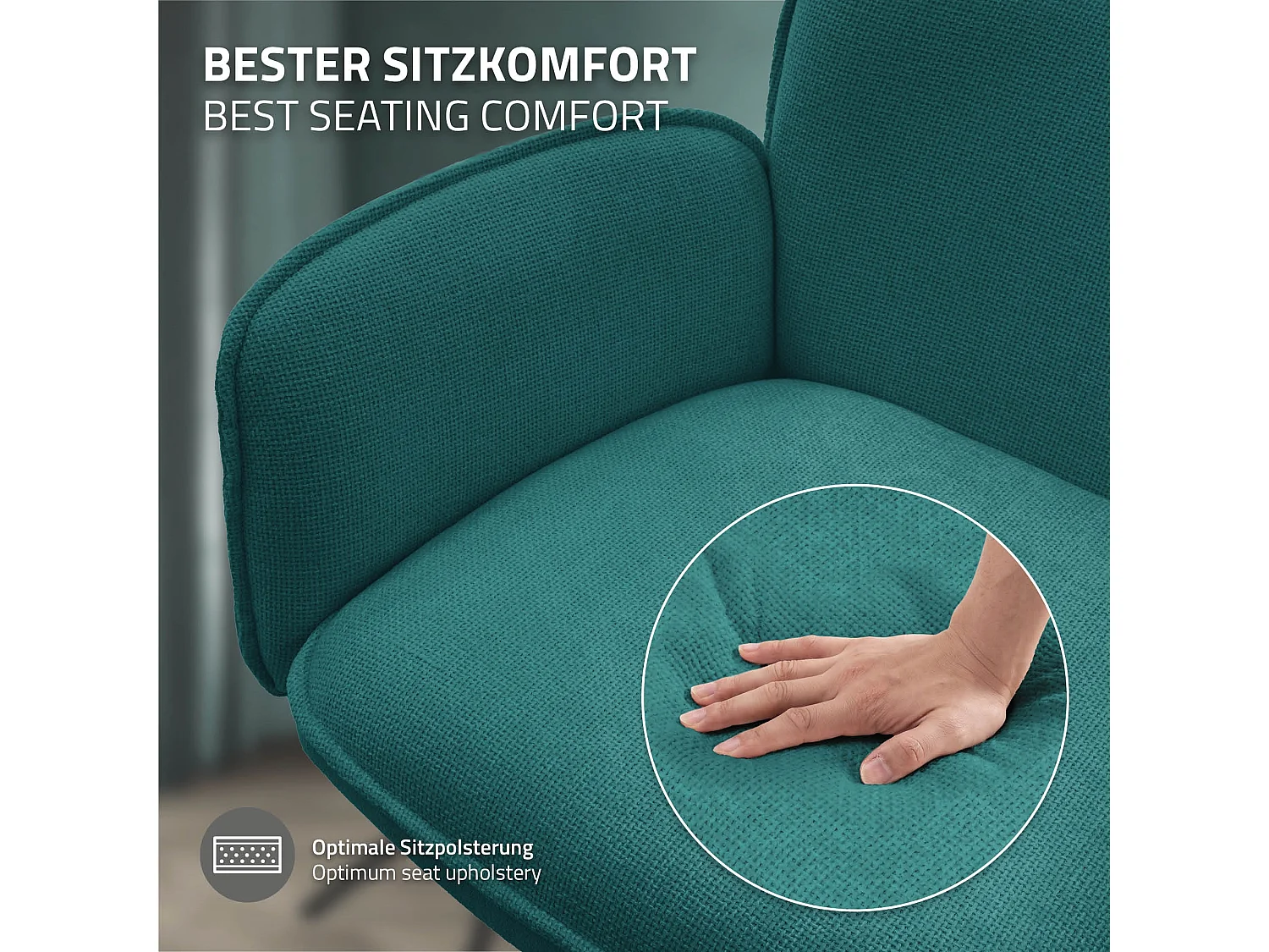 Lot de 6 chaises pivotantes en tissu bleu pétrole avec accoudoirs et dossier ergonomique fauteuils à rotation pieds métal noir sièges salle à manger