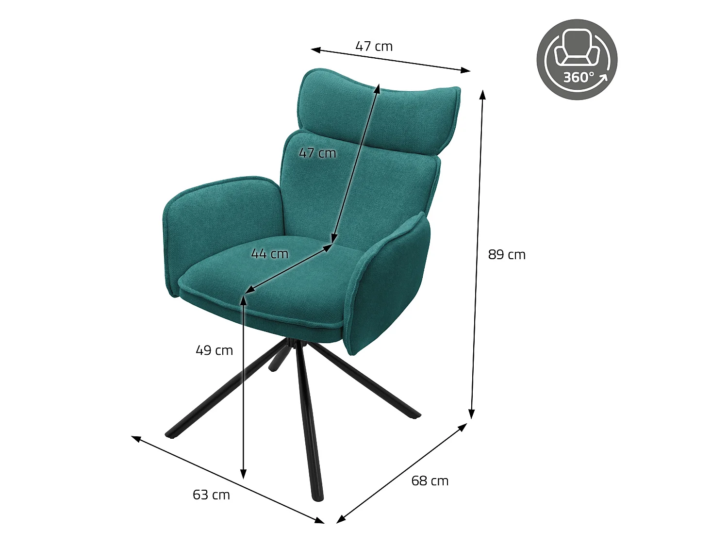 Lot de 6 chaises pivotantes en tissu bleu pétrole avec accoudoirs et dossier ergonomique fauteuils à rotation pieds métal noir sièges salle à manger