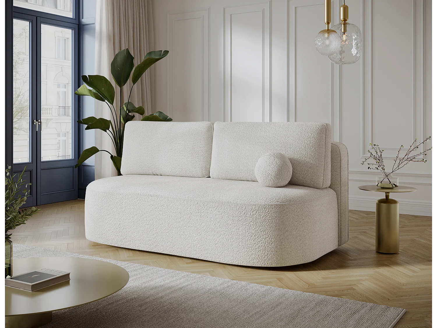 Canapé convertible 2 places KOURA tissu doux avec coffre – 193cm-Blanc