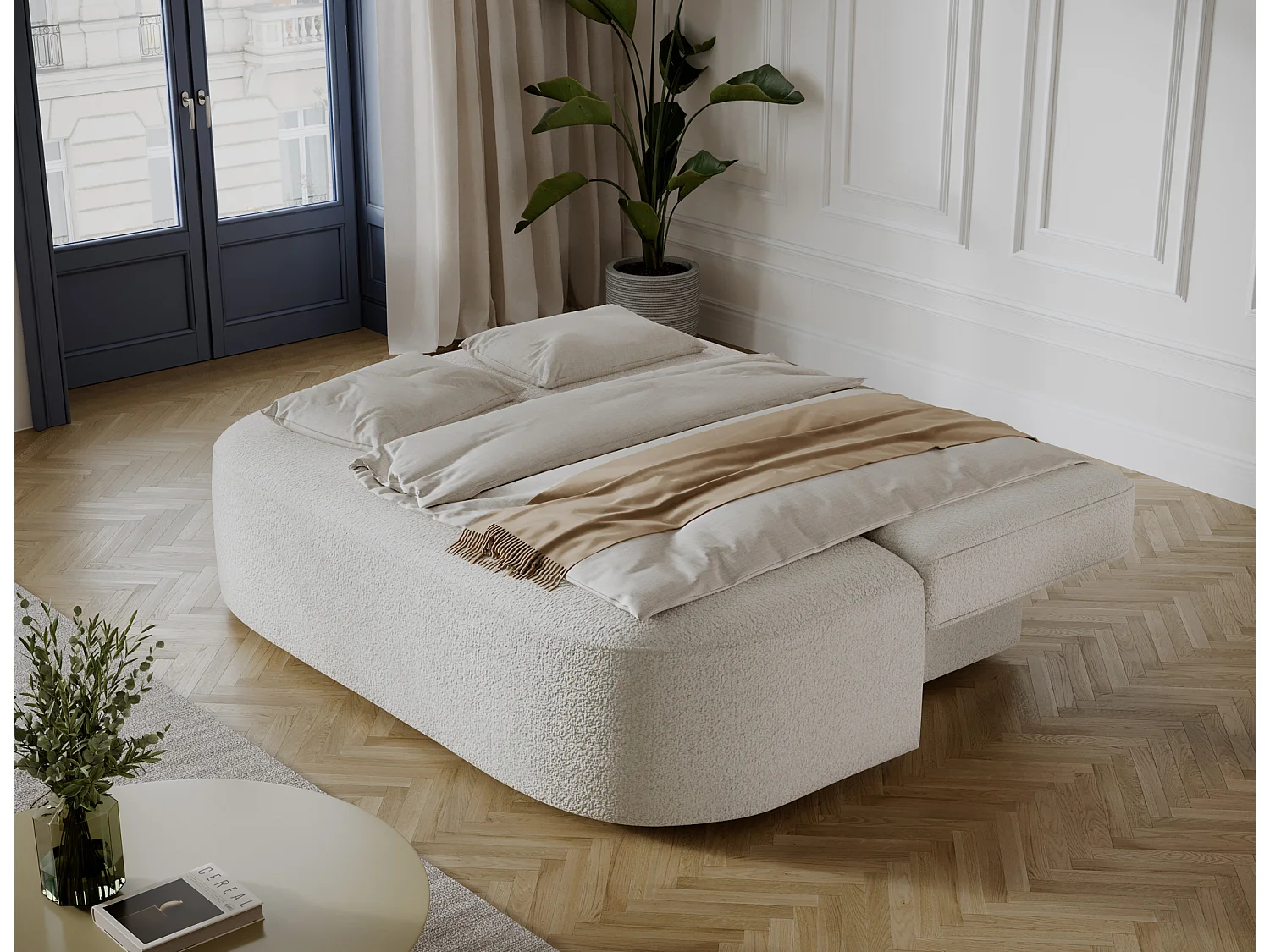Canapé convertible 2 places KOURA tissu doux avec coffre – 193cm-Blanc