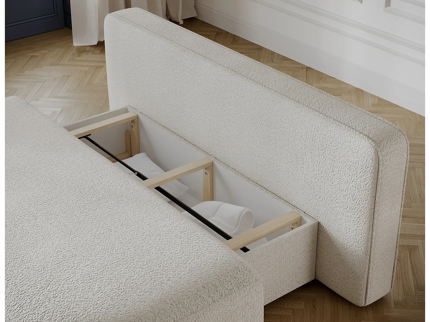 Canapé convertible 2 places KOURA tissu doux avec coffre – 193cm-Blanc