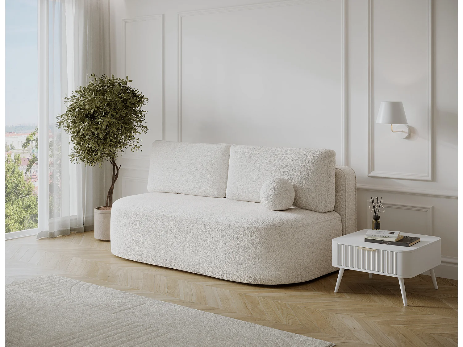 Canapé convertible 2 places KOURA tissu doux avec coffre – 193cm-Blanc