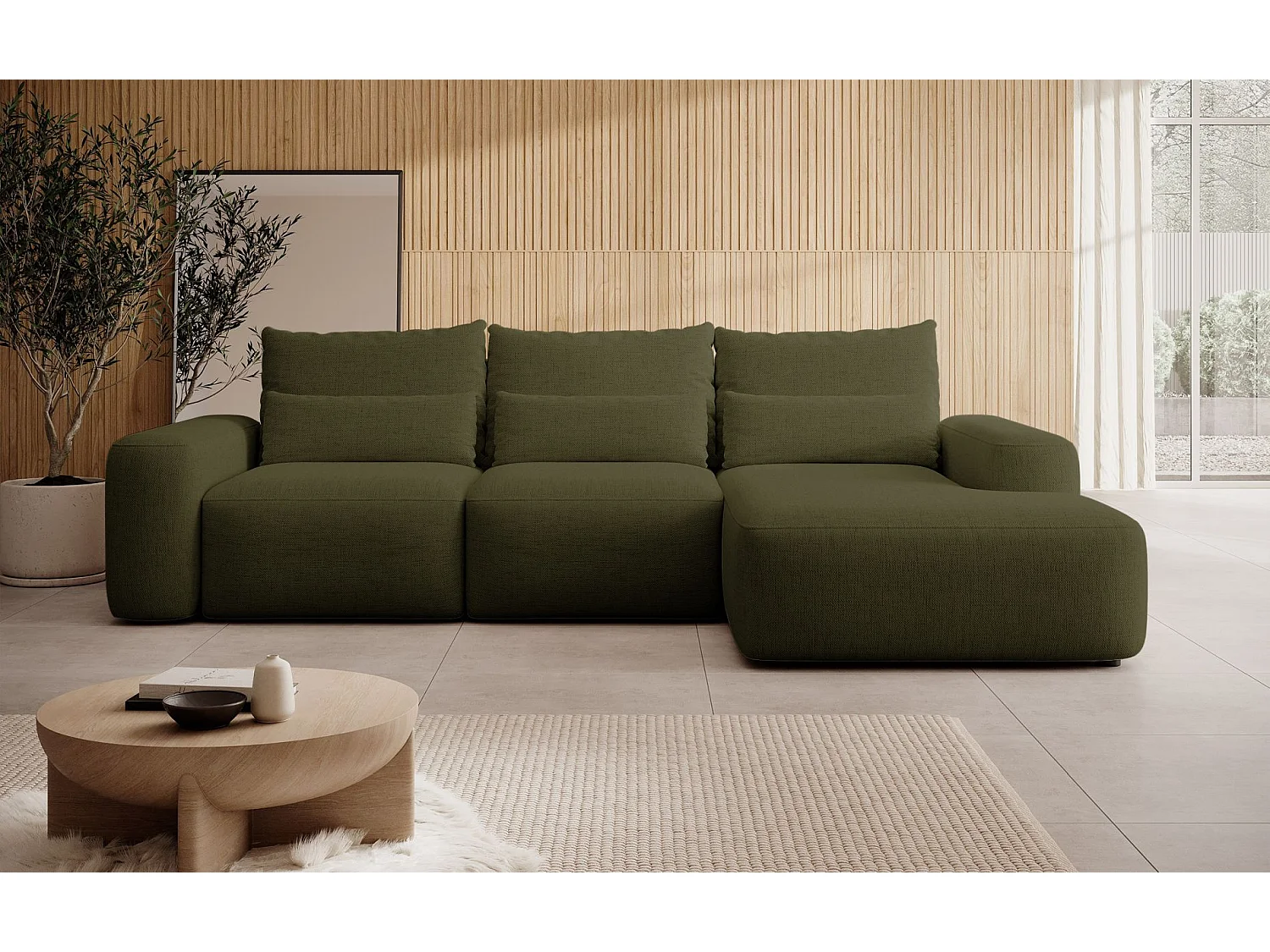 Canapé d’angle en chenille hydrofuge – convertible avec coffre de rangement – vert olive – angle droit – CARNOS