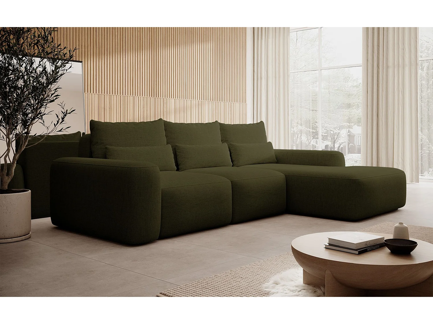 Canapé d’angle en chenille hydrofuge – convertible avec coffre de rangement – vert olive – angle droit – CARNOS