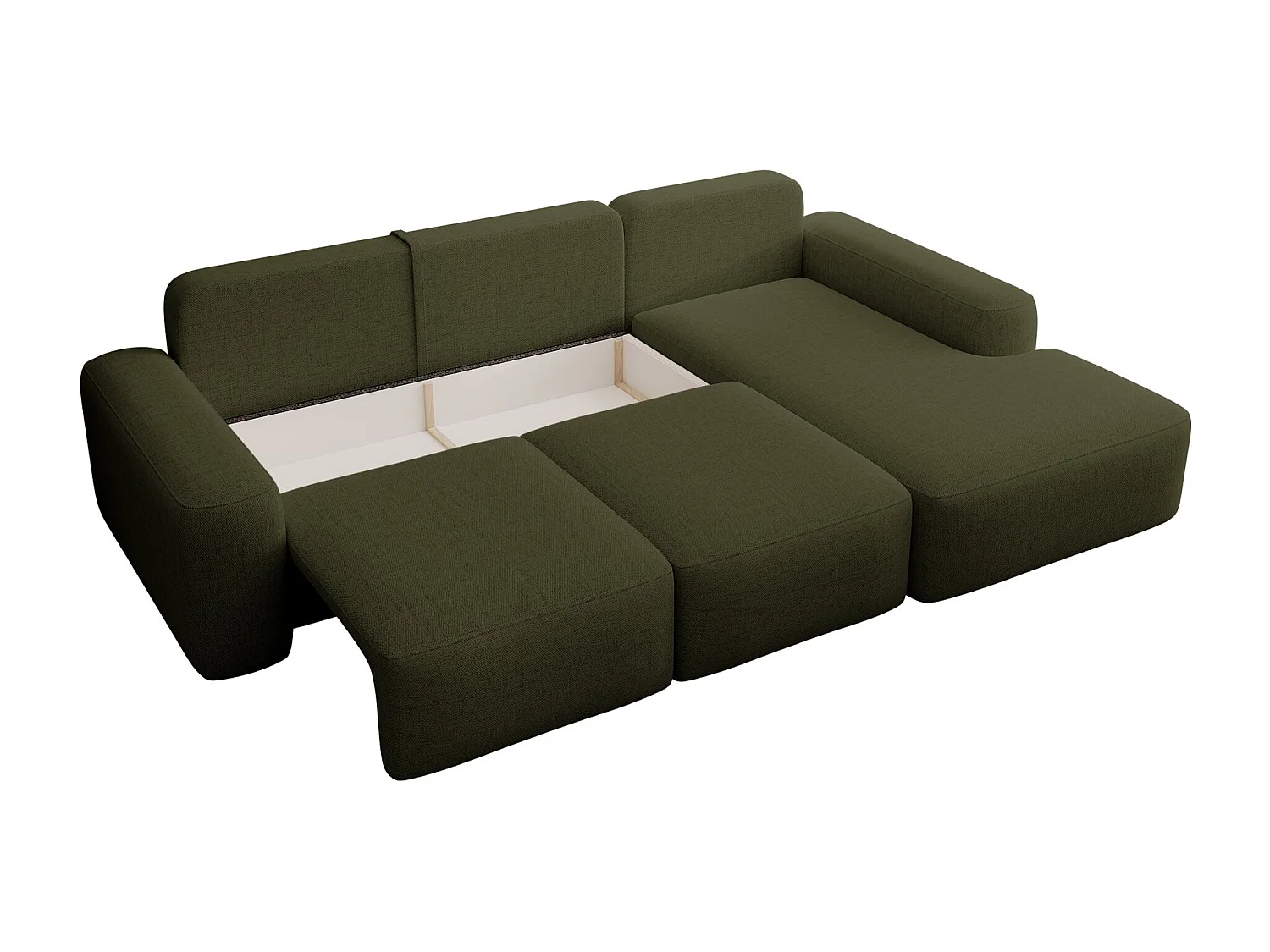 Canapé d’angle en chenille hydrofuge – convertible avec coffre de rangement – vert olive – angle droit – CARNOS