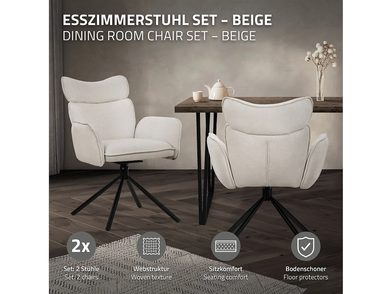 ML-Design Set 2 sedie da scrivania beige con rivestimento in tessuto, girevoli a 360°, poltrona da ufficio con braccioli e schienale, sedia da pranzo