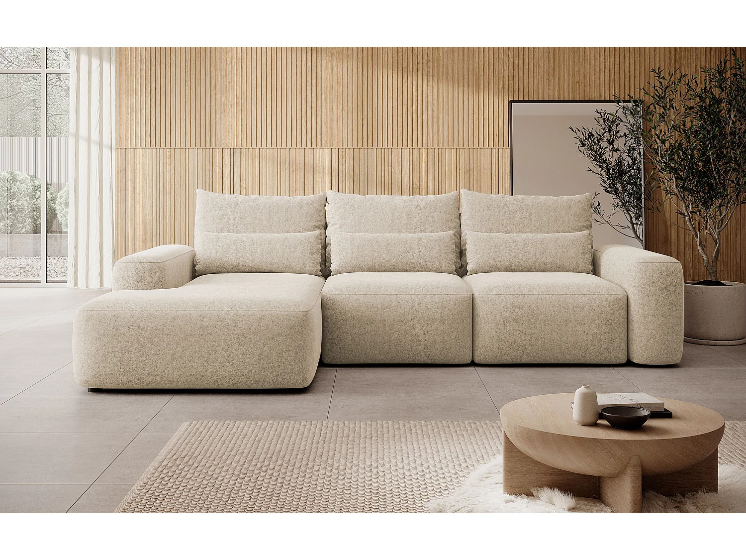 Canapé d’angle en chenille – convertible avec coffre de rangement – beige – angle gauche – CARNOS