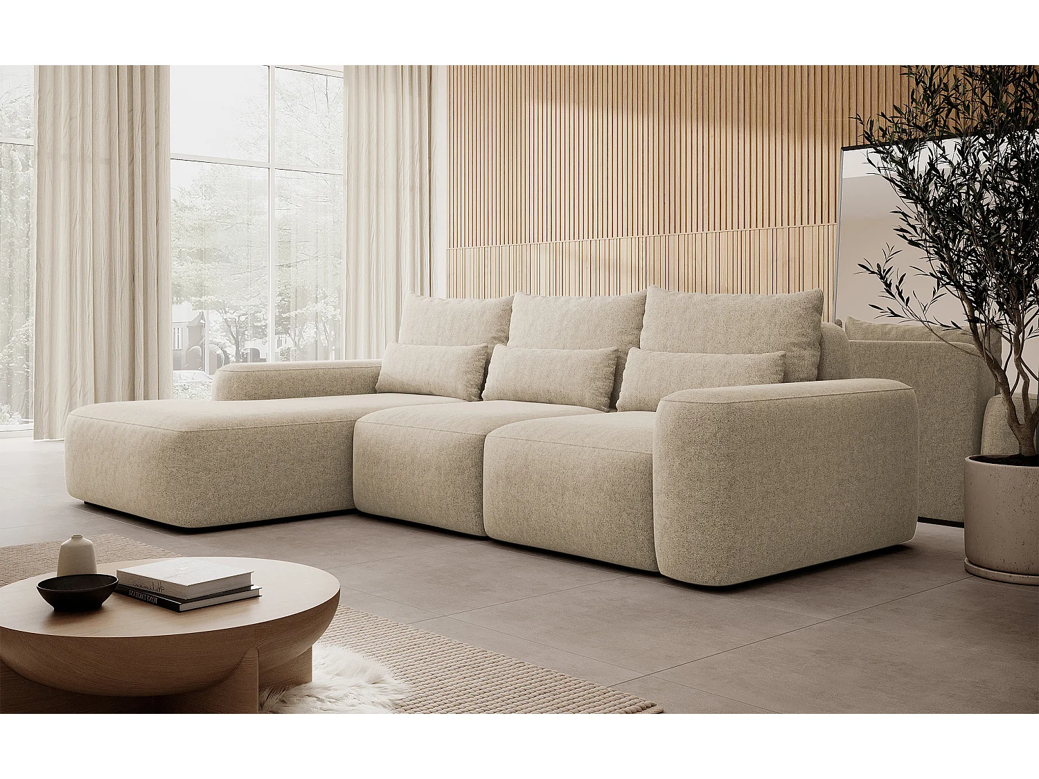 Canapé d’angle en chenille – convertible avec coffre de rangement – beige – angle gauche – CARNOS