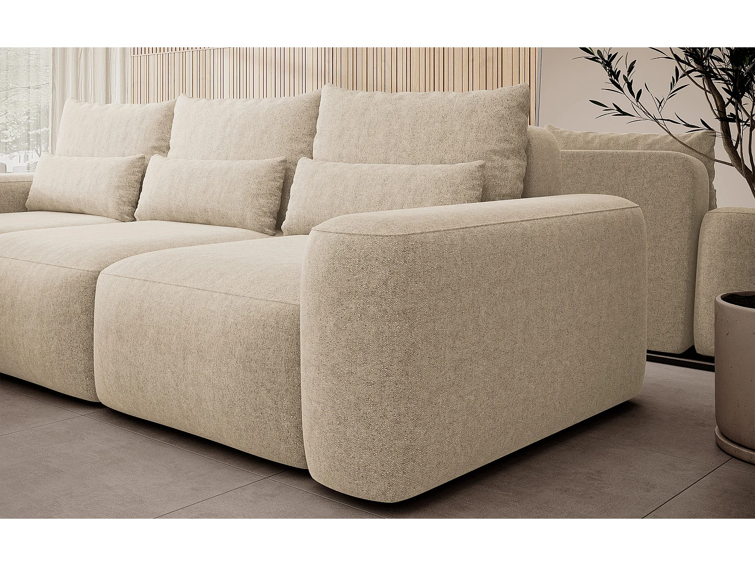 Canapé d’angle en chenille – convertible avec coffre de rangement – beige – angle gauche – CARNOS