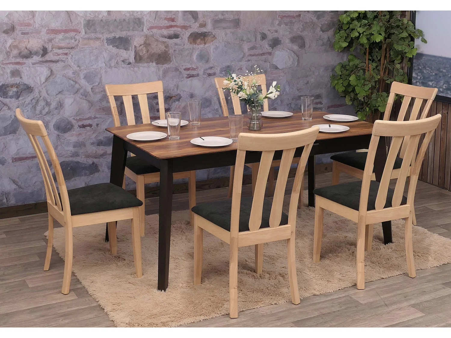 Dining chair MCW-G46 (set of 6),  natural-coloured frame, black