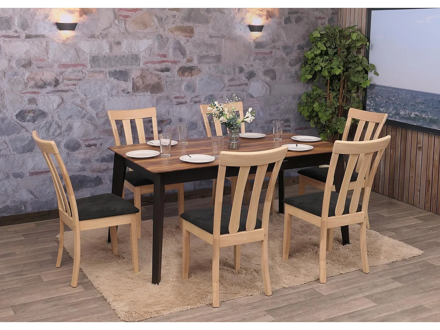 Dining chair MCW-G46 (set of 6),  natural-coloured frame, black
