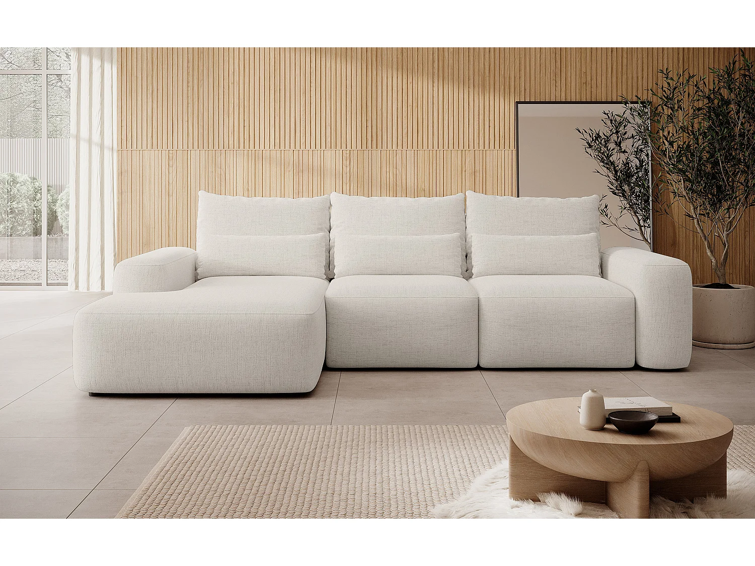 Canapé d’angle en chenille hydrofuge – convertible avec coffre de rangement – crème – angle gauche – CARNOS