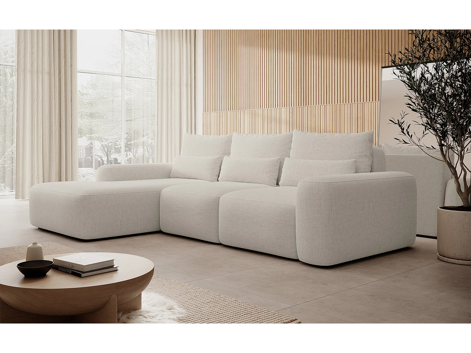 Canapé d’angle en chenille hydrofuge – convertible avec coffre de rangement – crème – angle gauche – CARNOS