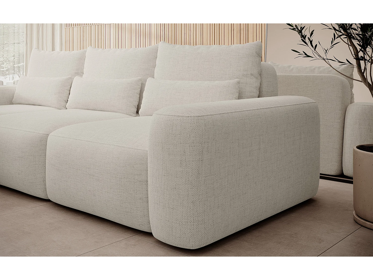 Canapé d’angle en chenille hydrofuge – convertible avec coffre de rangement – crème – angle gauche – CARNOS