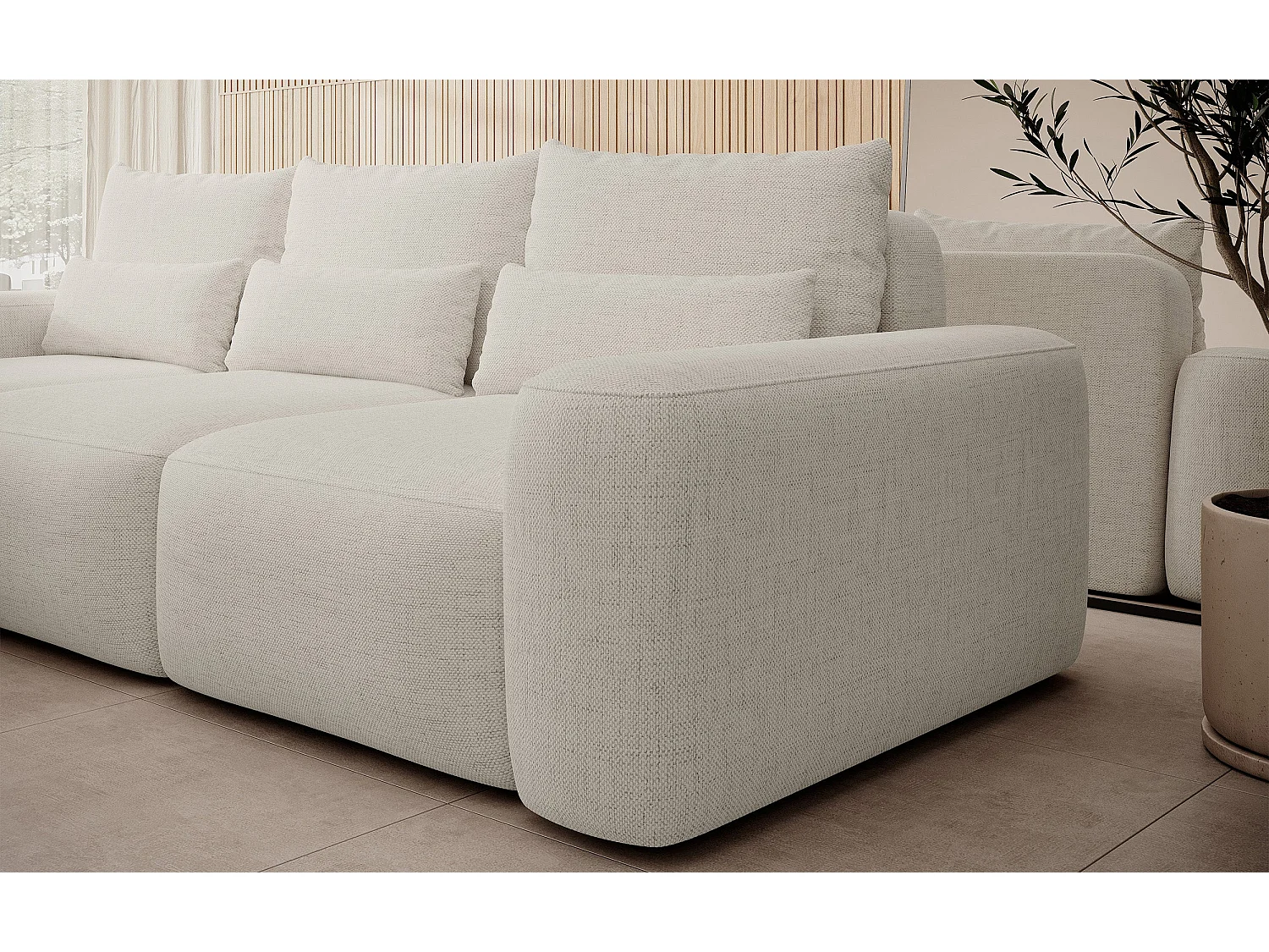 Hoekbedbank met waterafstotende chenillebekleding – slaapfunctie en opbergruimte – crème – links – CARNOS