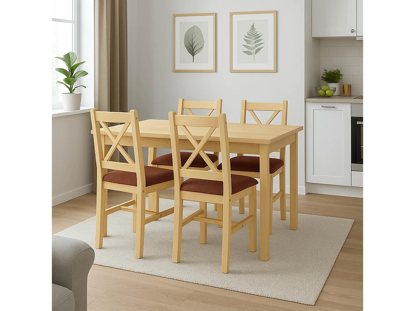 Chaise de salle à manger MCW-F77 (lot de 4),  naturel, rembourrage terracotta