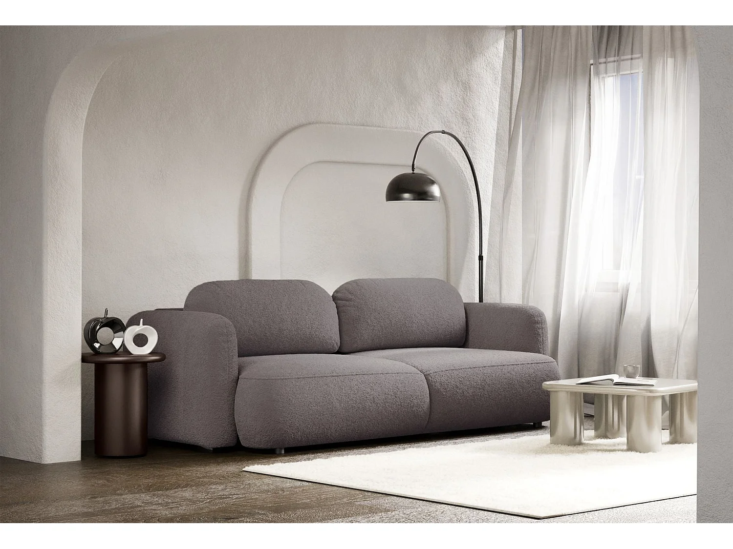Canapé convertible 3 places en tissu bouclette taupe TVOYA