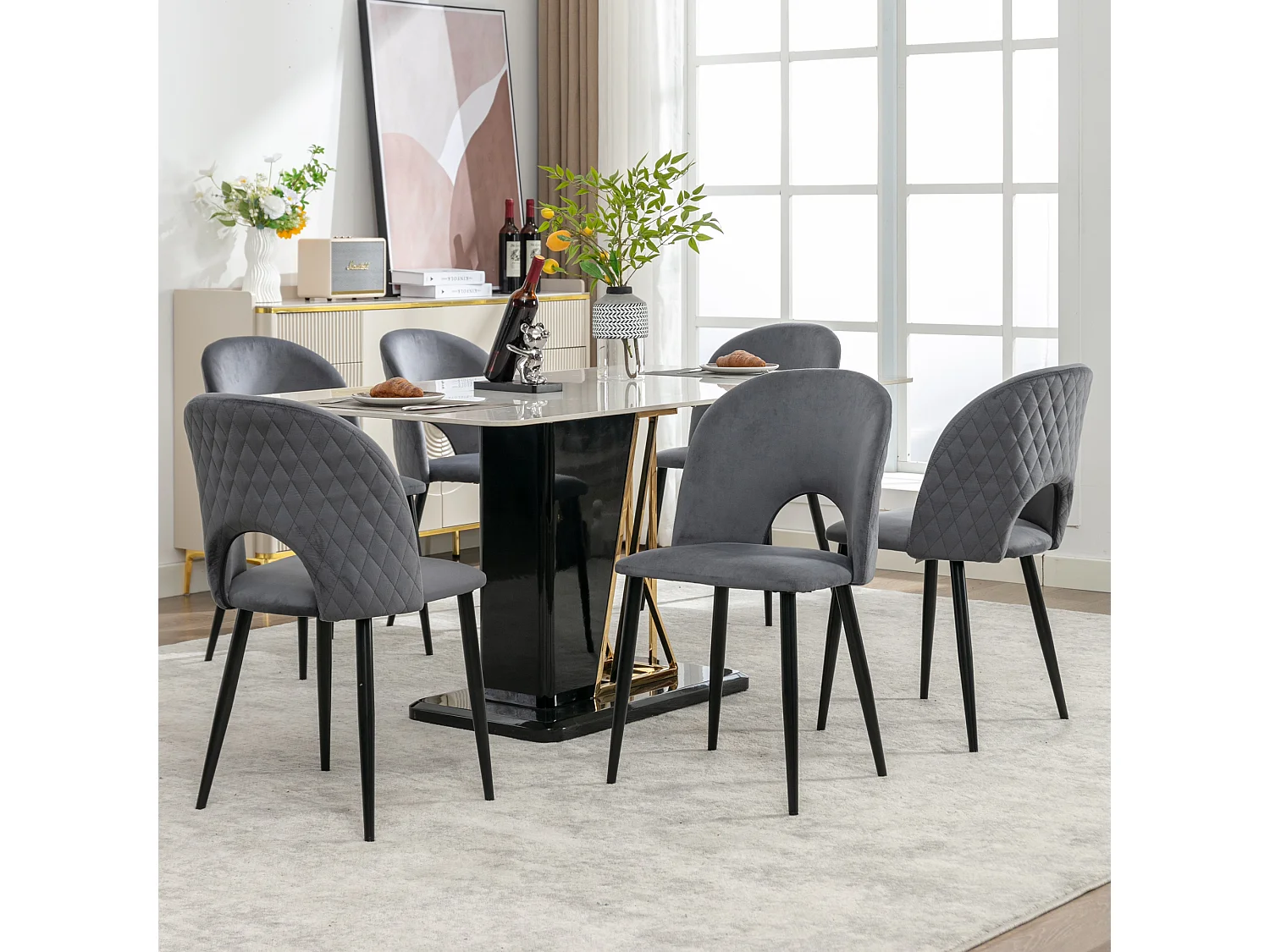 Set van 6 stoelen 47x44x84 cm met gestoffeerde stof en verstelbare stoelpoten in grijs voor woonkamer en eetkamer