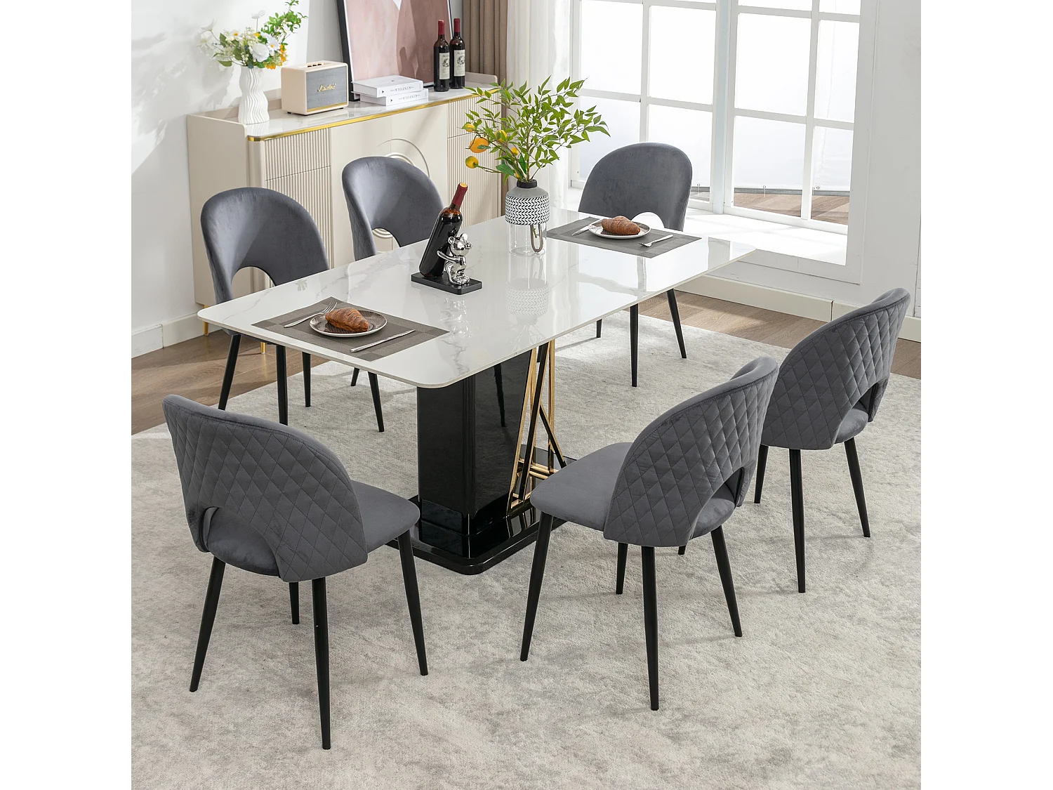 Set van 6 stoelen 47x44x84 cm met gestoffeerde stof en verstelbare stoelpoten in grijs voor woonkamer en eetkamer