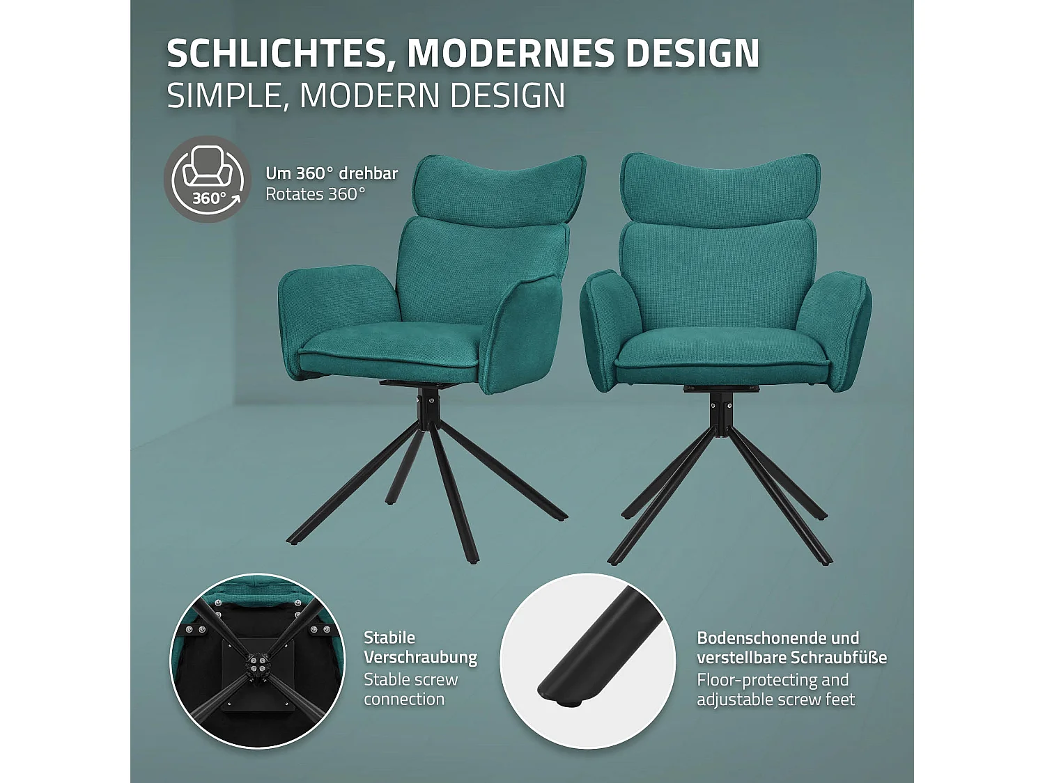 Lot de 4 chaises pivotantes en tissu bleu pétrole avec accoudoirs et dossier ergonomique fauteuils à rotation pieds métal noir sièges salle à manger