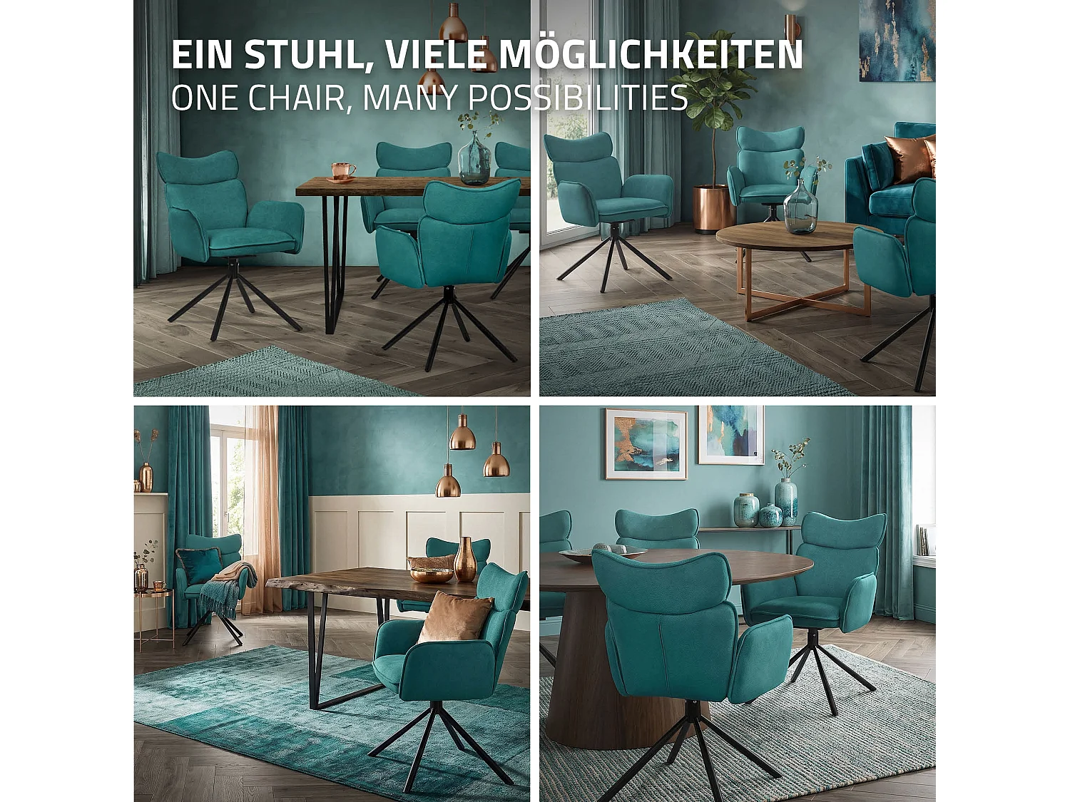 Lot de 4 chaises pivotantes en tissu bleu pétrole avec accoudoirs et dossier ergonomique fauteuils à rotation pieds métal noir sièges salle à manger