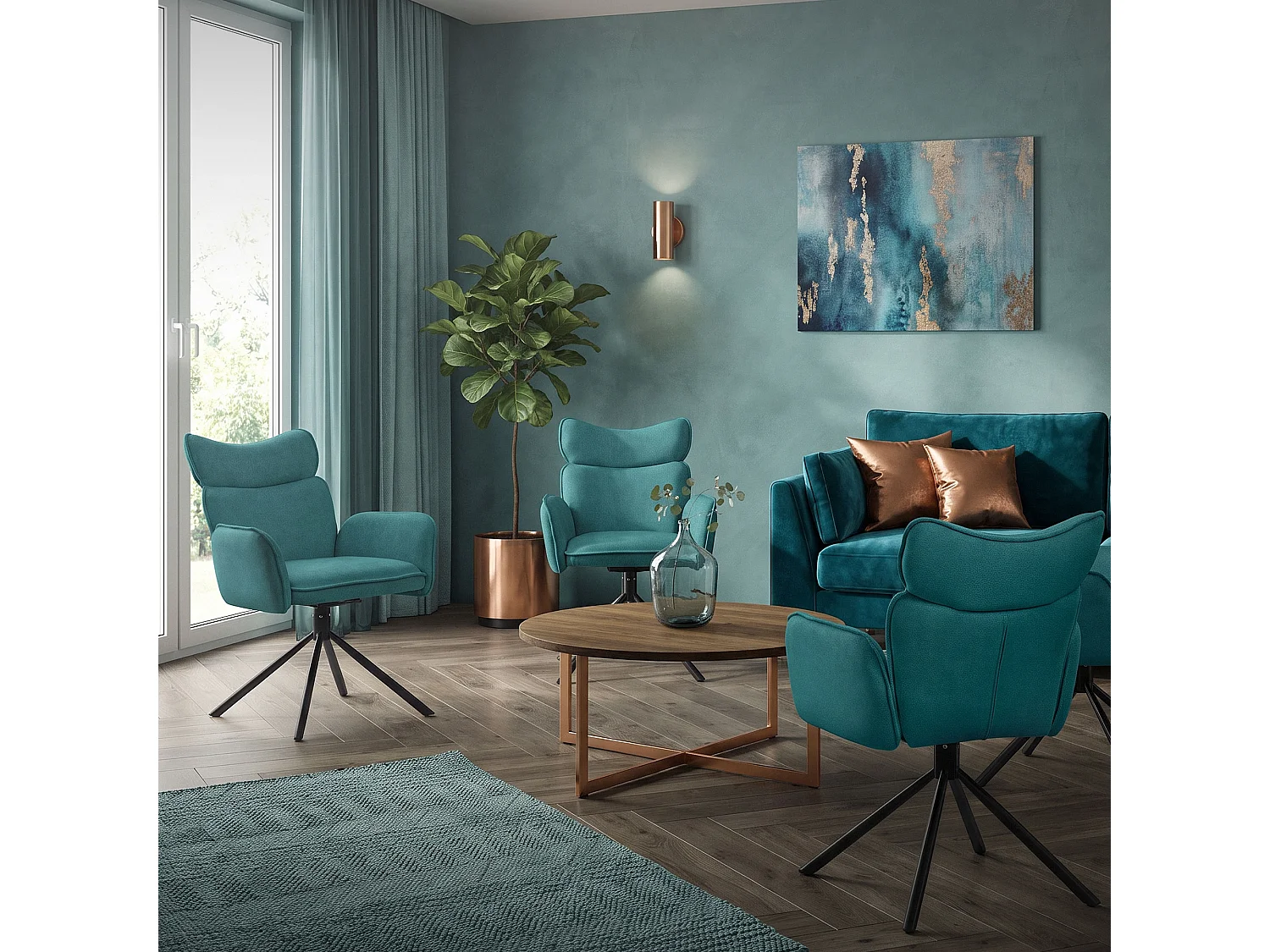 Lot de 4 chaises pivotantes en tissu bleu pétrole avec accoudoirs et dossier ergonomique fauteuils à rotation pieds métal noir sièges salle à manger