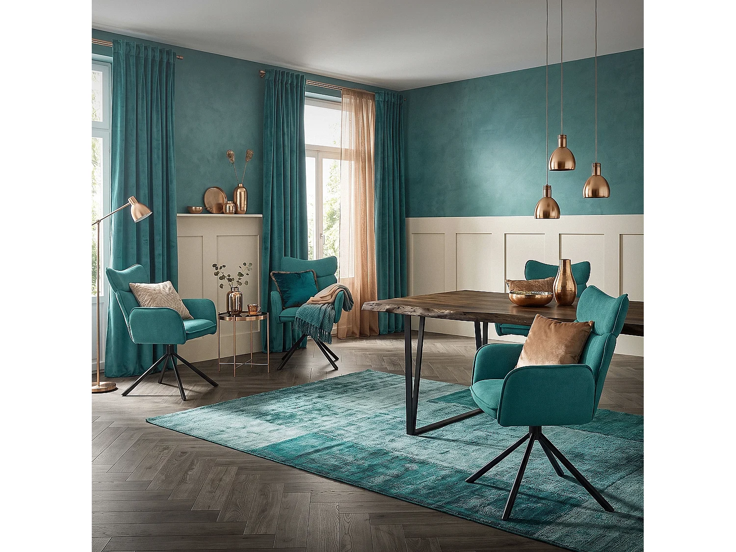 Lot de 4 chaises pivotantes en tissu bleu pétrole avec accoudoirs et dossier ergonomique fauteuils à rotation pieds métal noir sièges salle à manger