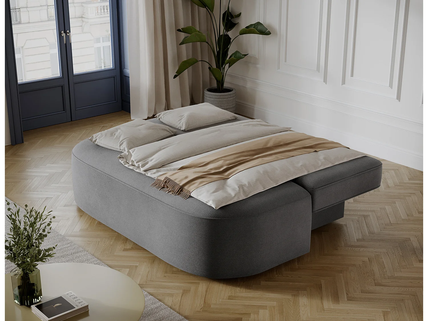 Canapé convertible 2 places KOURA tissu doux avec coffre – 193cm-Gris foncé