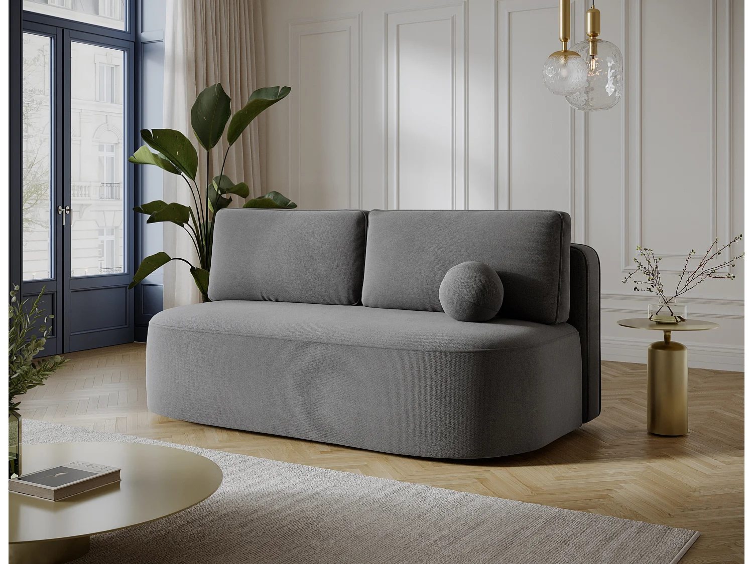 Canapé convertible 2 places KOURA tissu doux avec coffre – 193cm-Gris foncé