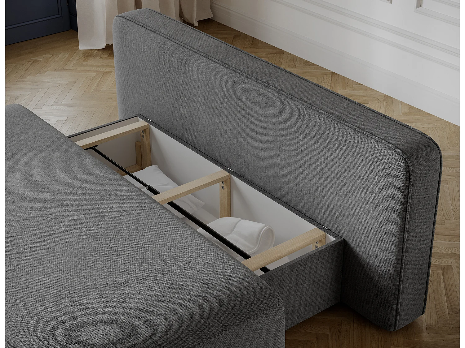 Canapé convertible 2 places KOURA tissu doux avec coffre – 193cm-Gris foncé