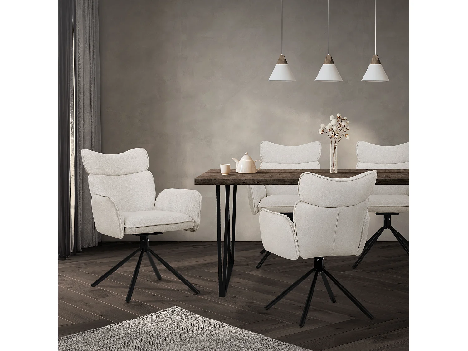 ML-Design Set 4 sedie da scrivania beige con rivestimento in tessuto, girevoli a 360°, poltrona da ufficio con braccioli e schienale, sedia da pranzo