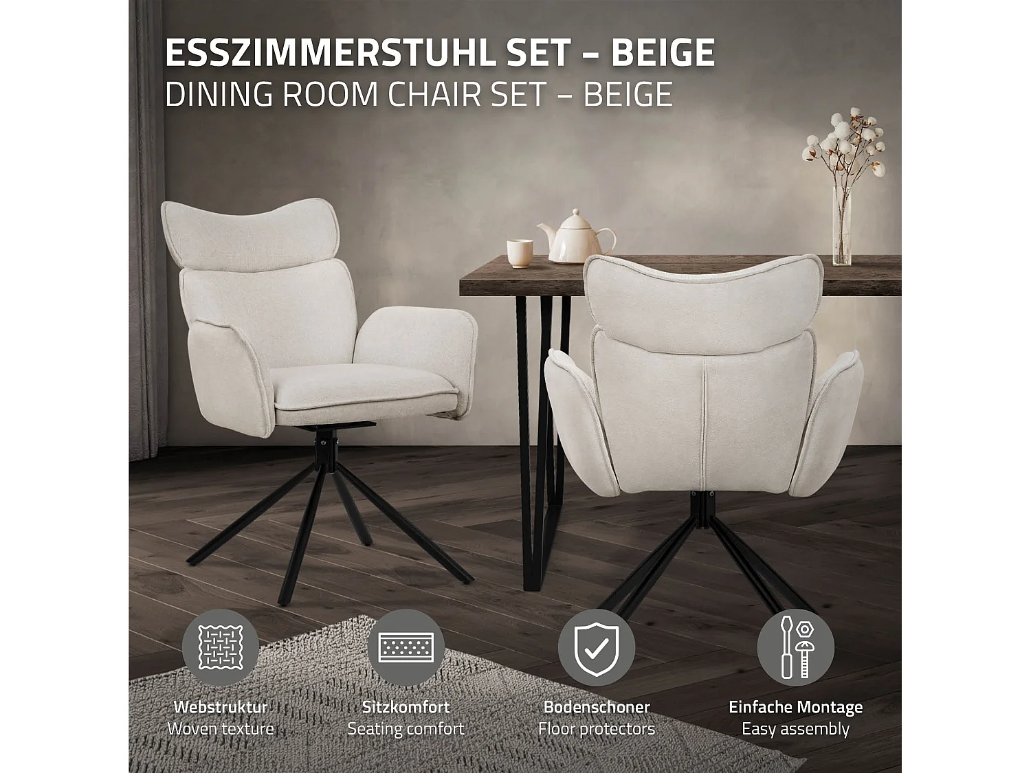 ML-Design Set 4 sedie da scrivania beige con rivestimento in tessuto, girevoli a 360°, poltrona da ufficio con braccioli e schienale, sedia da pranzo