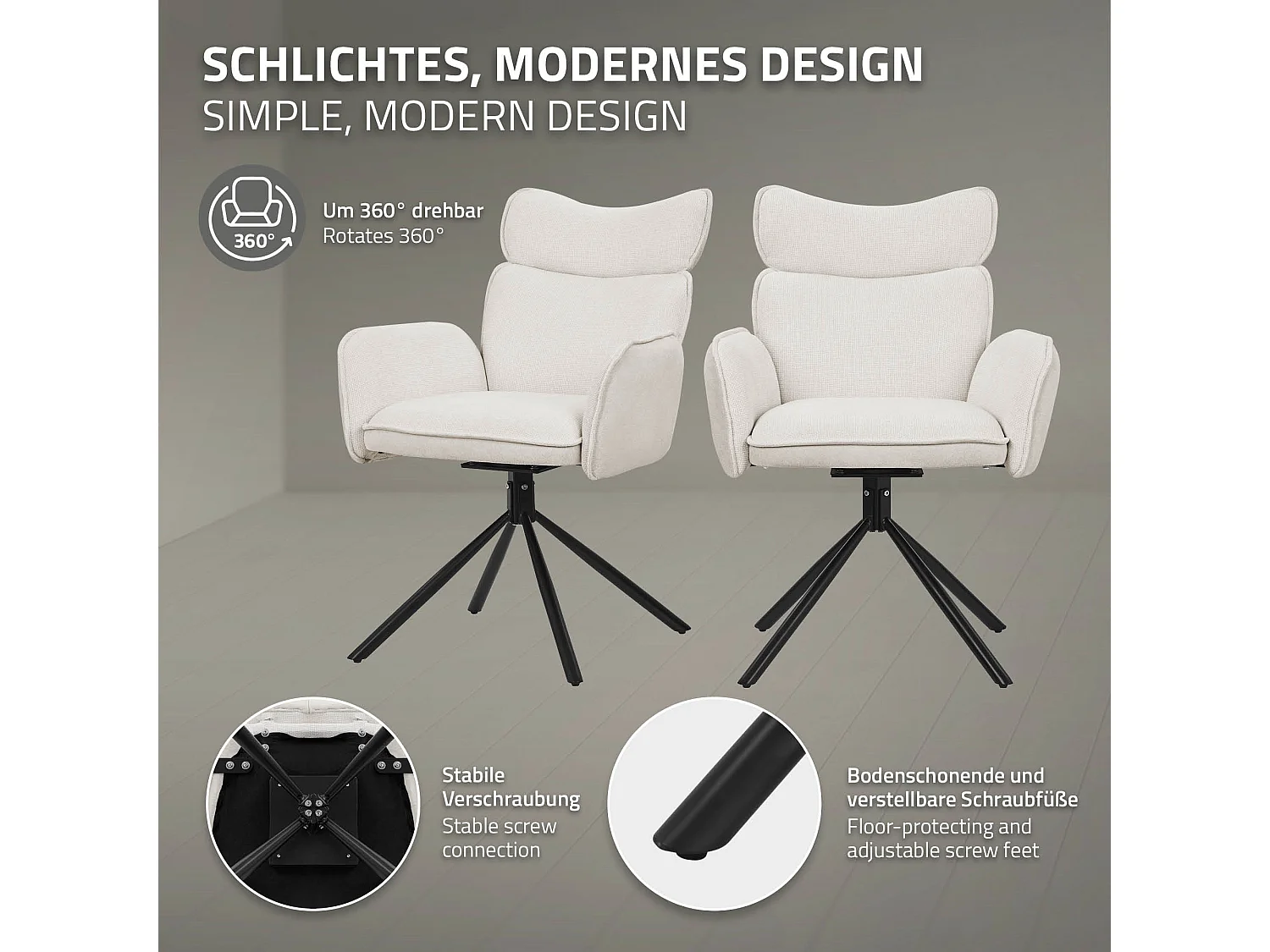 ML-Design Set 4 sedie da scrivania beige con rivestimento in tessuto, girevoli a 360°, poltrona da ufficio con braccioli e schienale, sedia da pranzo