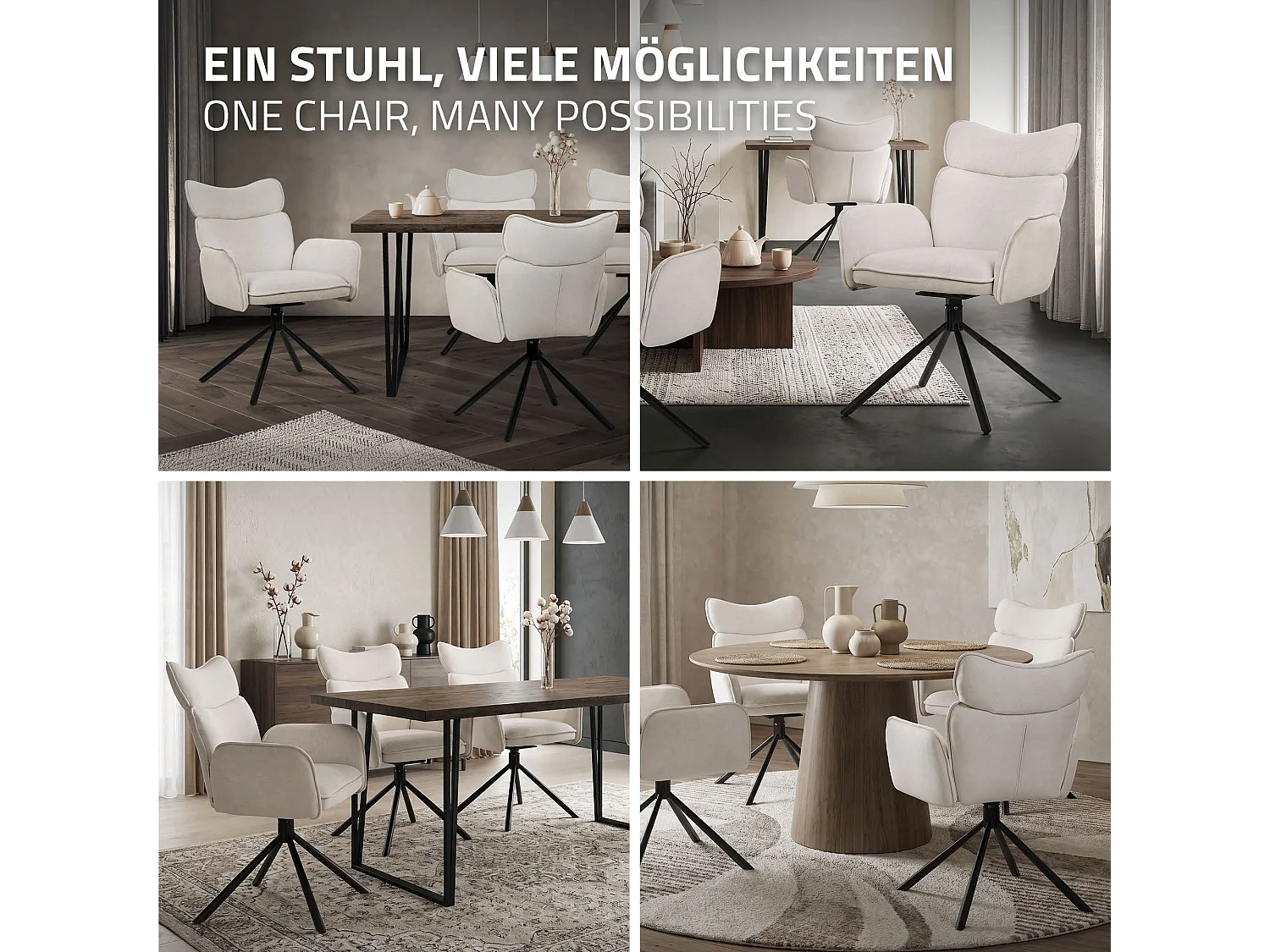ML-Design Set 4 sedie da scrivania beige con rivestimento in tessuto, girevoli a 360°, poltrona da ufficio con braccioli e schienale, sedia da pranzo