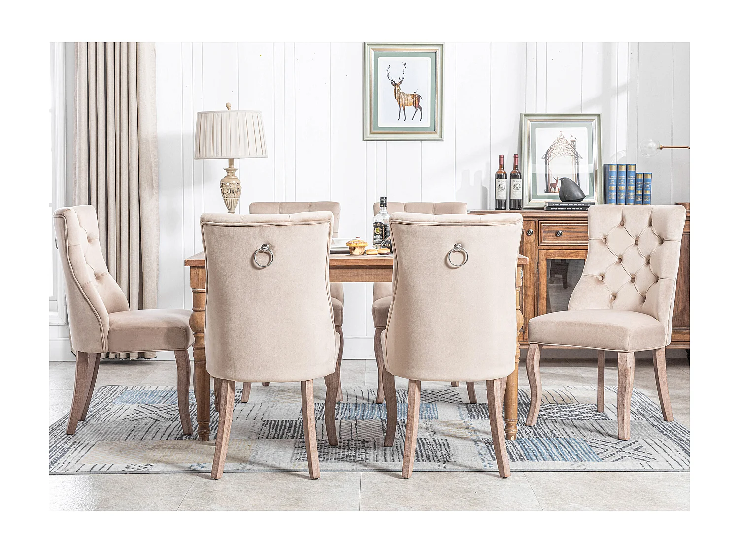 Lot de 6 chaises de salle à manger, dossier haut, capitonnage à boutons, pieds en bois, velours beige