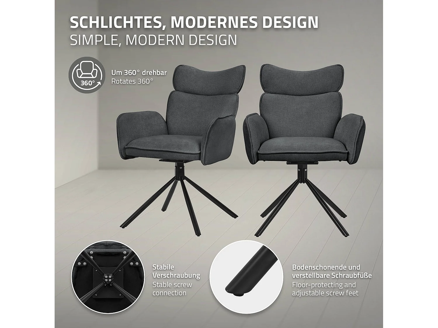 Lot de 4 chaises pivotantes en tissu anthracite avec accoudoirs et dossier ergonomique fauteuils à rotation pieds en métal noir sièges salle à manger