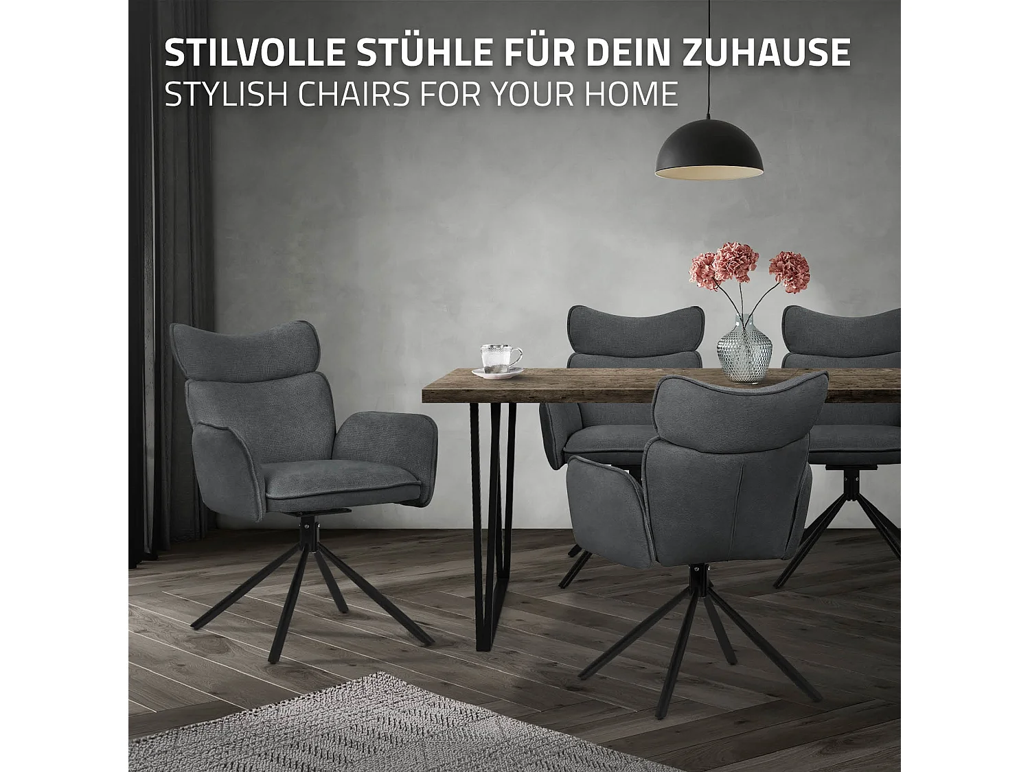 Lot de 4 chaises pivotantes en tissu anthracite avec accoudoirs et dossier ergonomique fauteuils à rotation pieds en métal noir sièges salle à manger