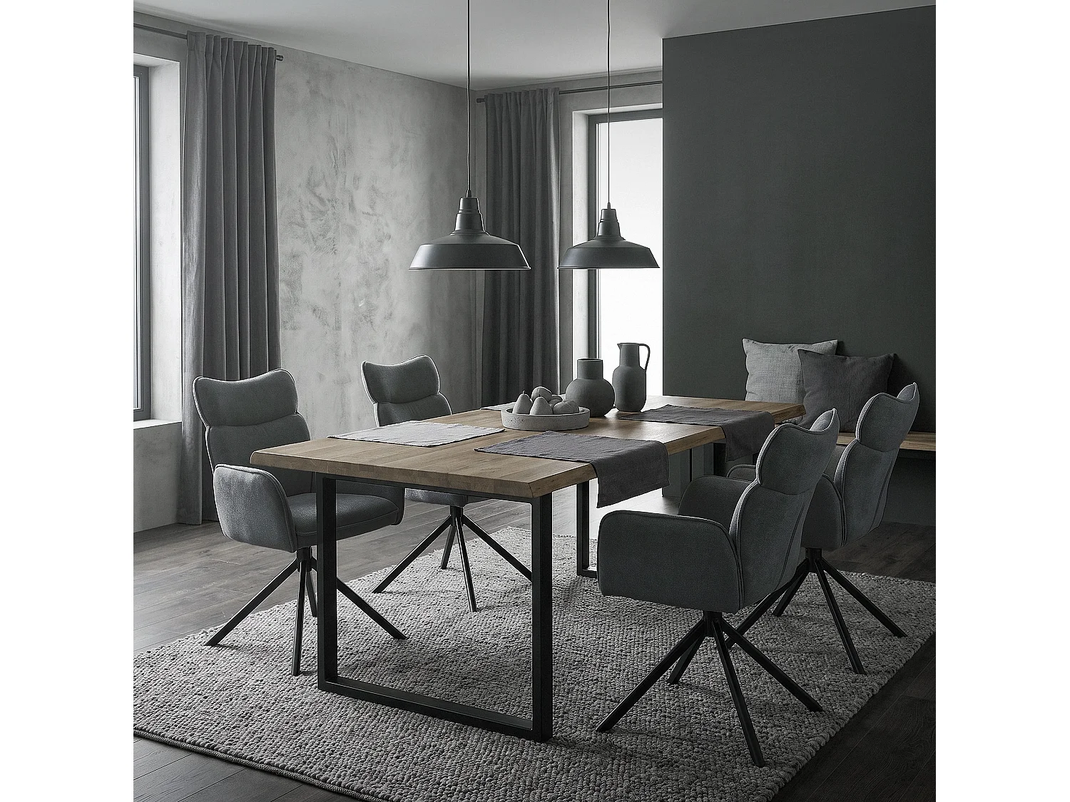 Lot de 4 chaises pivotantes en tissu anthracite avec accoudoirs et dossier ergonomique fauteuils à rotation pieds en métal noir sièges salle à manger