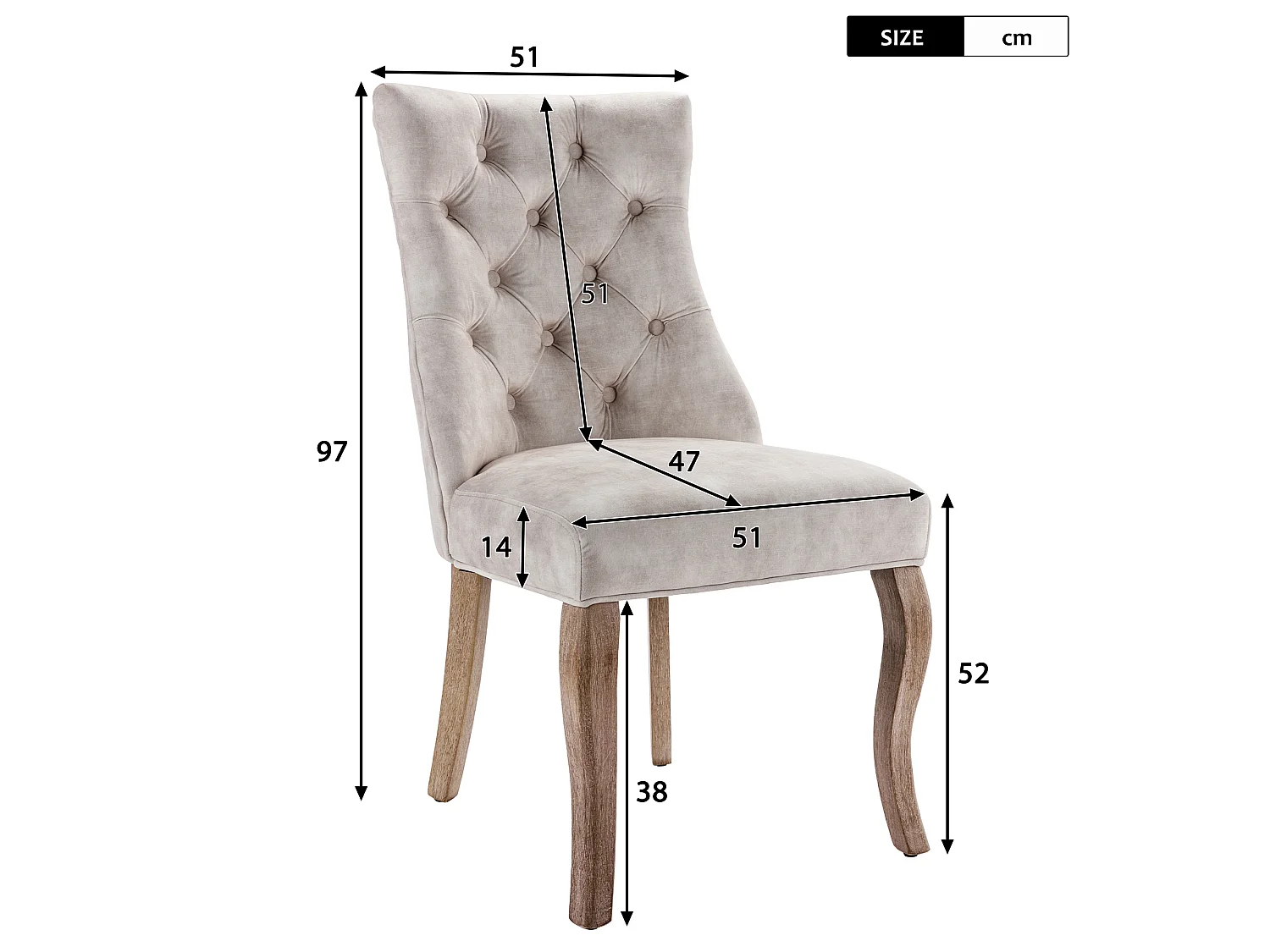 Lot de 4 chaises 51x47x97 cm avec Matière capitonnée Dossier haut en beige pour Salon et salle à manger et bureau