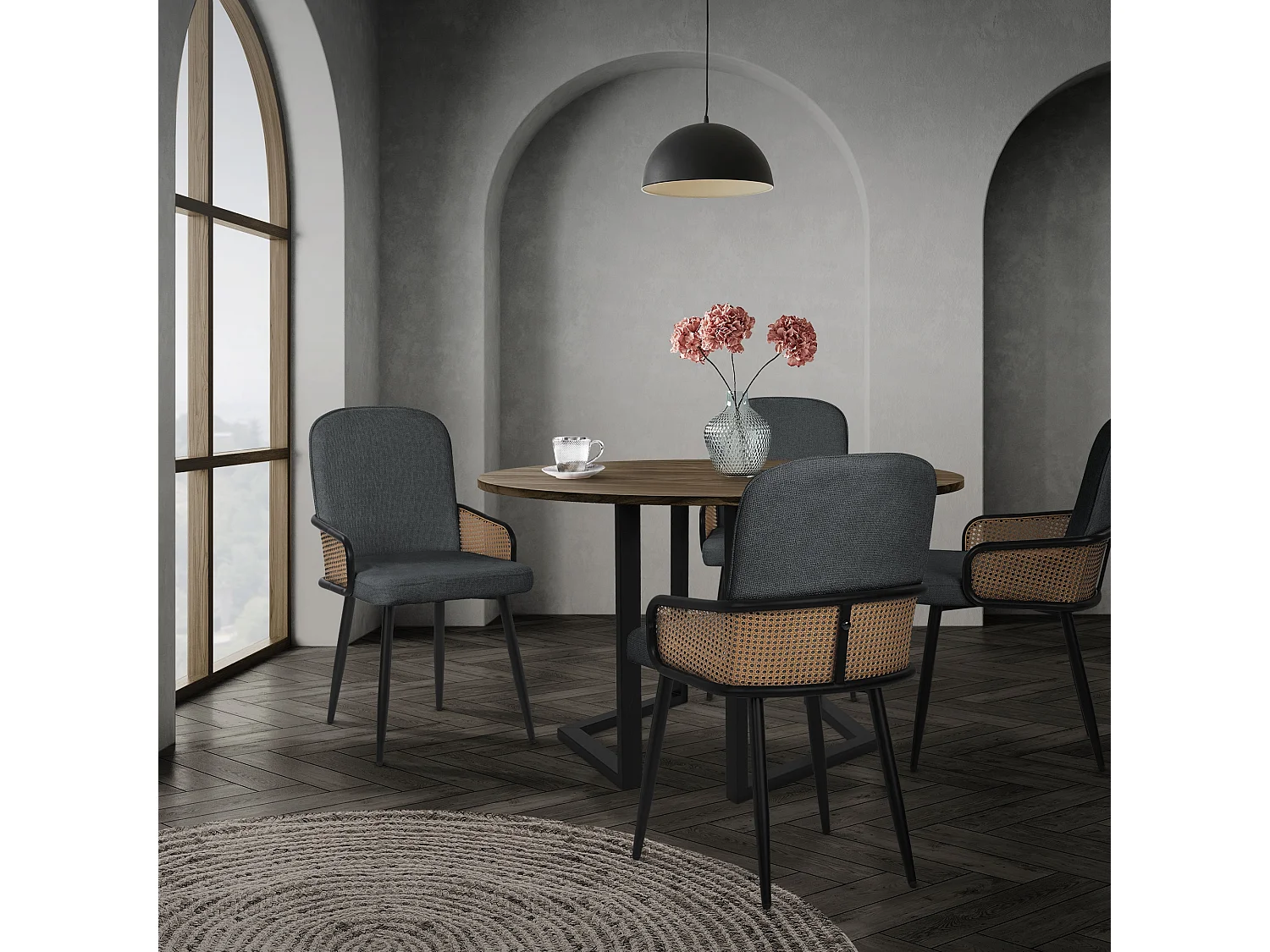 ML-Design Set 6 sedie imbottite da pranzo antracite, in tessuto, con braccioli effetto rattan, sedia da cucina, sedia ergonomica da soggiorno