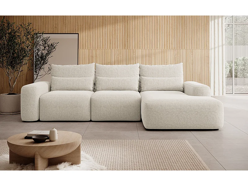 Canapé d’angle en chenille – convertible avec coffre de rangement – crème – angle droit – CARNOS