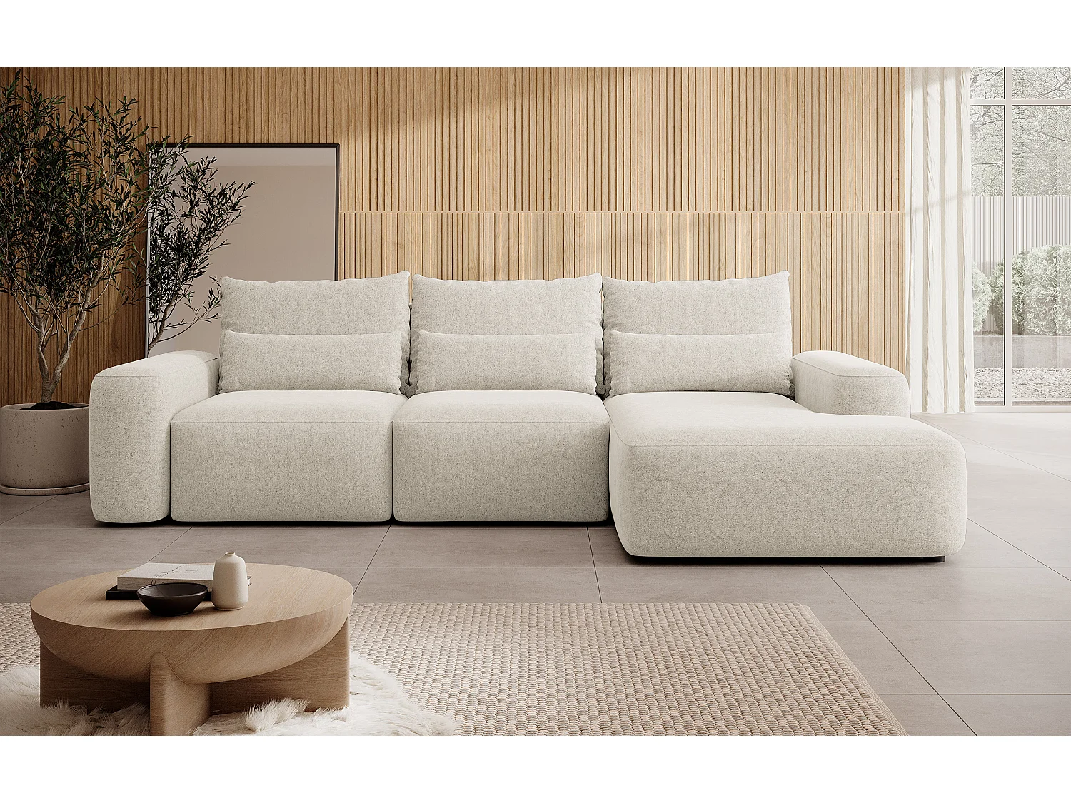 Canapé d’angle en chenille – convertible avec coffre de rangement – crème – angle droit – CARNOS