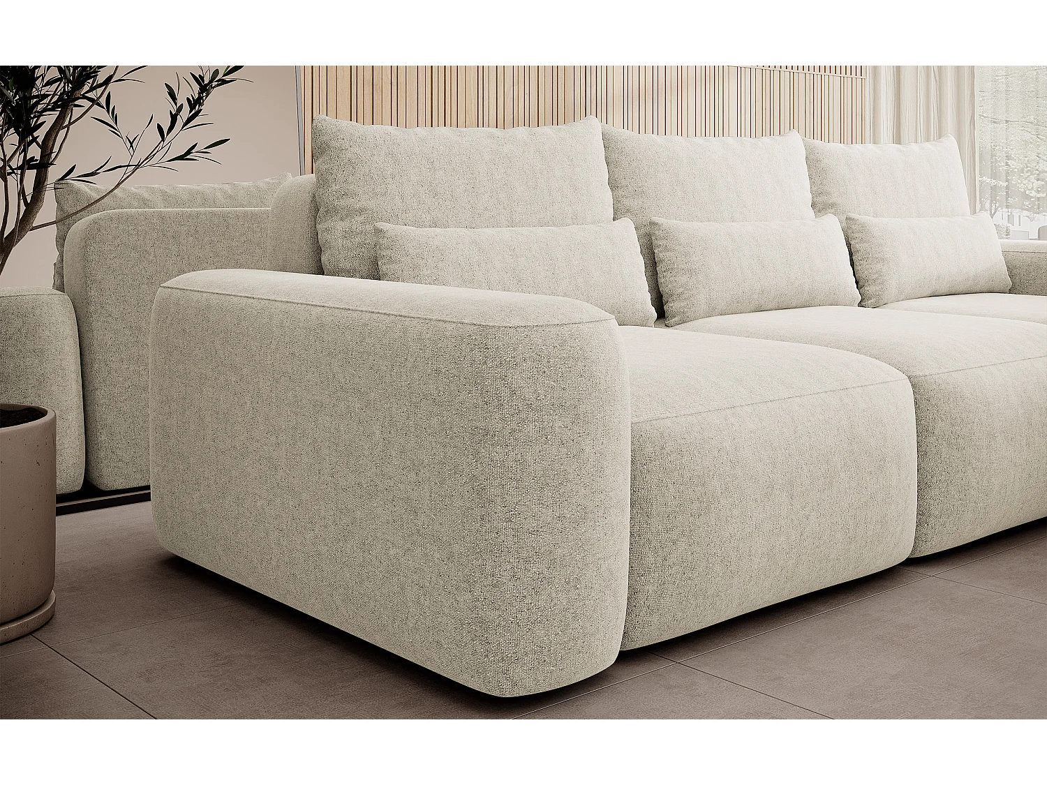 Canapé d’angle en chenille – convertible avec coffre de rangement – crème – angle droit – CARNOS