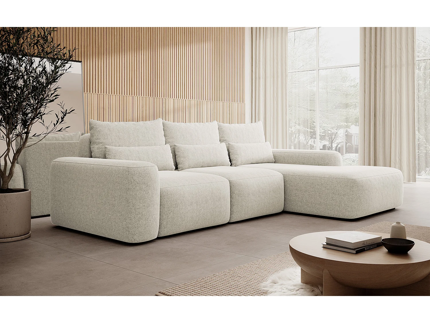 Canapé d’angle en chenille – convertible avec coffre de rangement – crème – angle droit – CARNOS